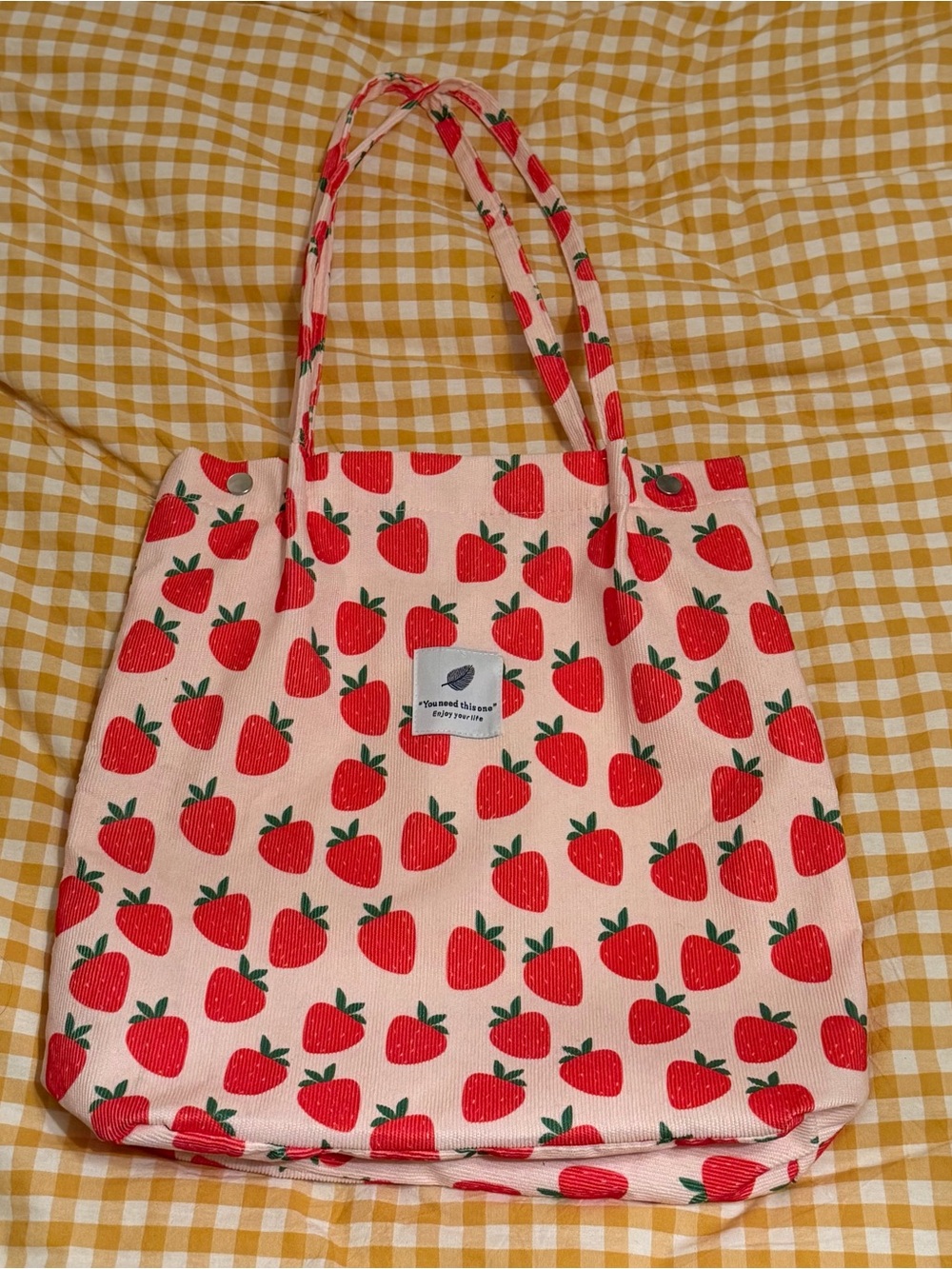 Pink Strawberry Print Corduroy Tote Bag